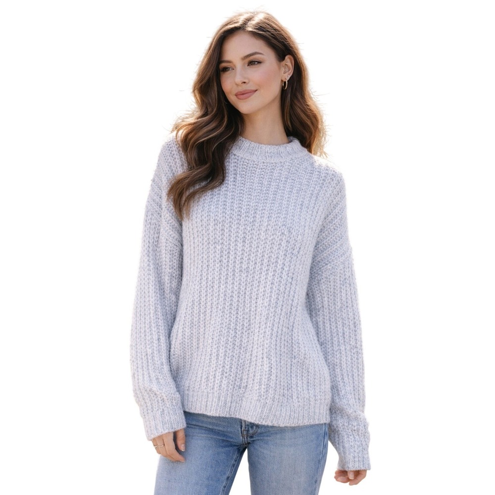 Happy x Nature Light Blue Marled Chunky Ribbed Knit Crew Neck Sweater‎